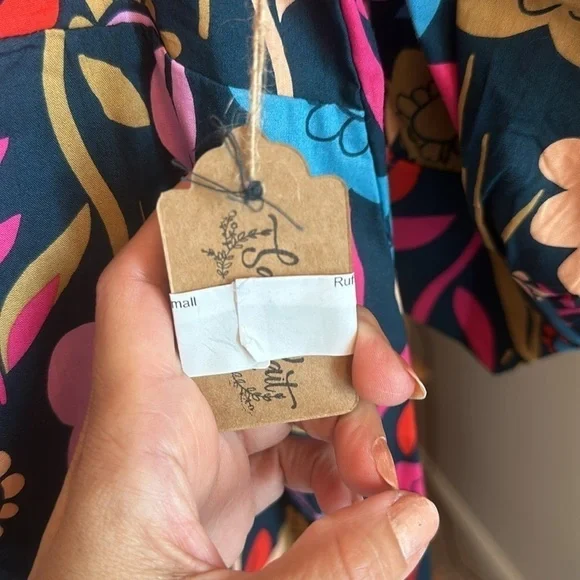 NWT! Green Floral Print Puff Sleeve Ruffled Mini Dress boho retro layered SZ S - Picture 15 of 15